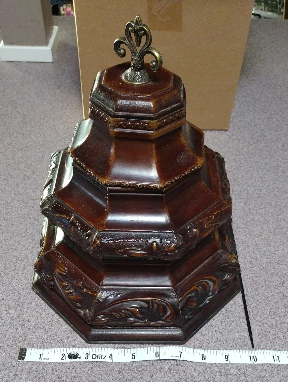 RARE Vintage Ornate Brown Decorative Wood Carved Accent Stash Box Brass Finial